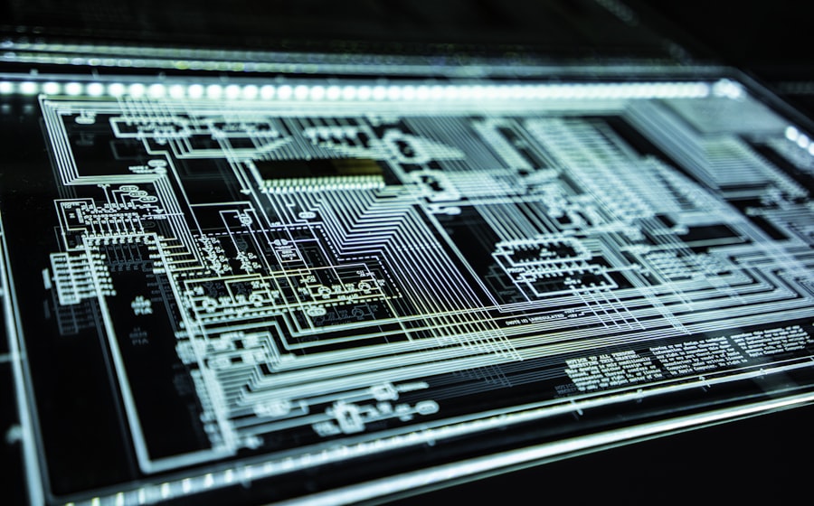 Zbliżenie na płytkę elektroniczną symbolizujące technologię i cyberbezpieczeństwo